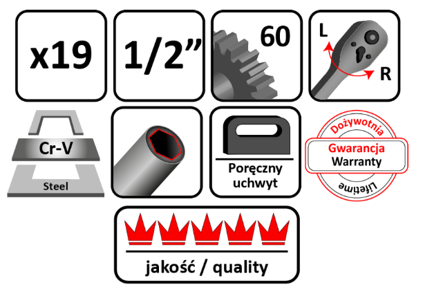 ZESTAW NASADEK 19 ELEMENTÓW 1/2" + GRZECHOTKA