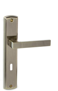 Klamka drzwiowa 90 mm DECO - patyna, długi szyld, na klucz