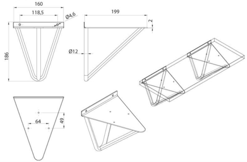 WSPORNIK PÓŁKI WM-1012 186 x 200 mm CZARNY MAT