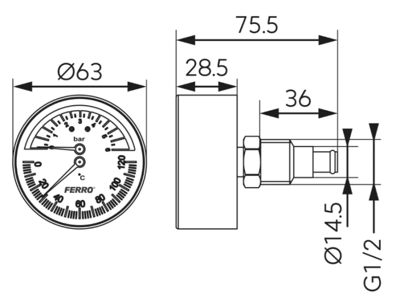 TERMOMANOMETR AKSJALNY 63 mm 1/2" 0-6 bar