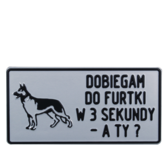 TABLICZKA ALUMINIOWA DUŻA "DOBIEGAM DO FURTKI W 3 SEKUNDY - A TY?"