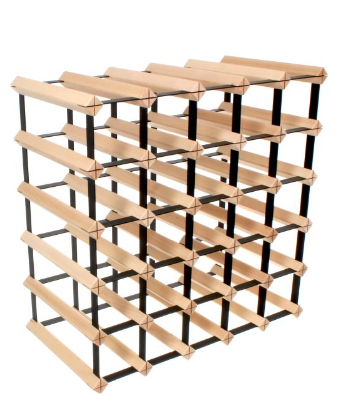 STOJAK NA WINO MODUŁOWY BUKOWY Z CZARNYMI POPRZECZKAMI 5x5 30 BUTELEK