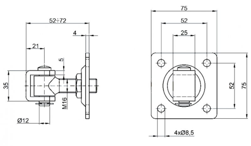 ZAWIAS REGULOWANY M16 DO PRZYKRĘCANIA 75 x 75 x 4