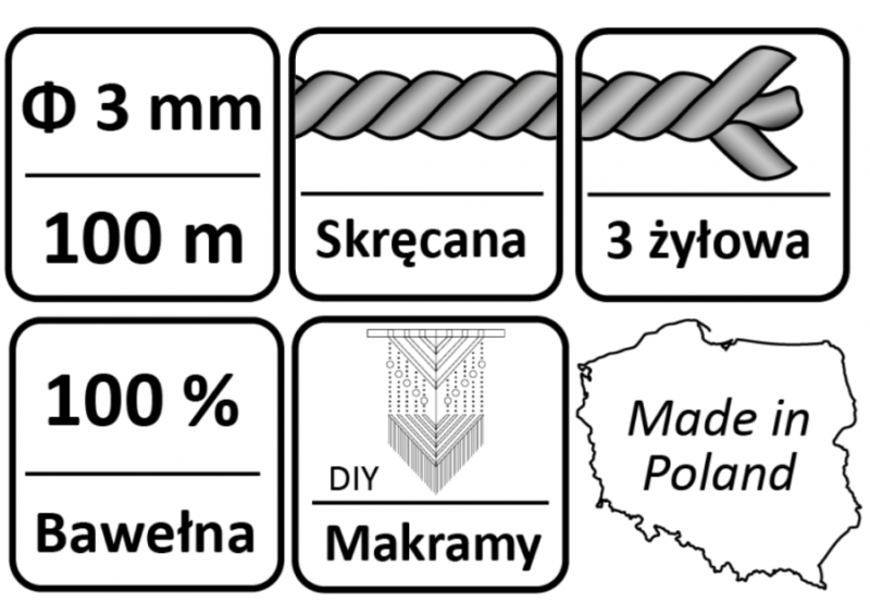 SZNUREK BAWEŁNIANY 3PLY KRĘCONY DO MAKRAMY Ø3 mm 100 m ŻÓŁTY