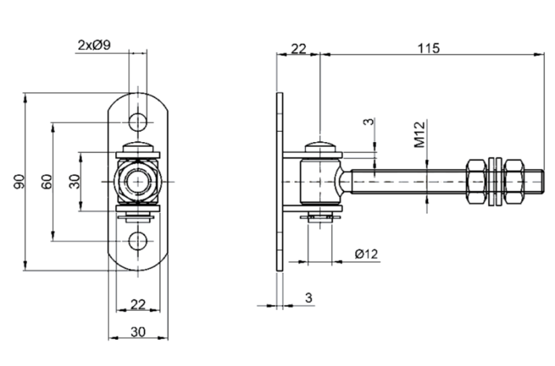 ZAWIAS REGULOWANY M12 L-115 PODSTAWA 90x30x3 mm