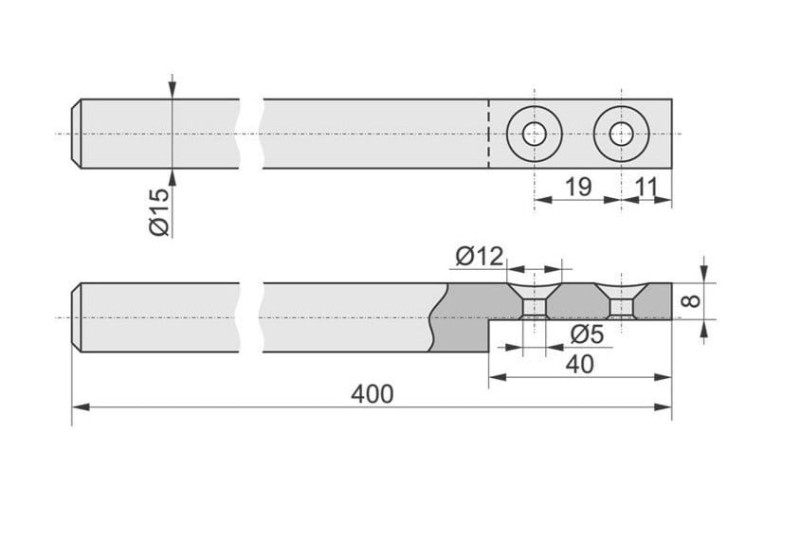 RYGIEL ŚR. 15×400 MM + 2 PROWADNICE