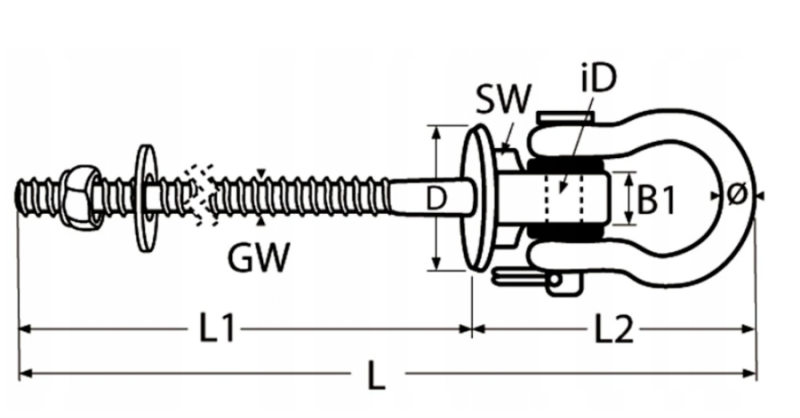 HAK HUŚTAWKOWY Z SZKELĄ NIERDZEWNY M8 x 170 mm