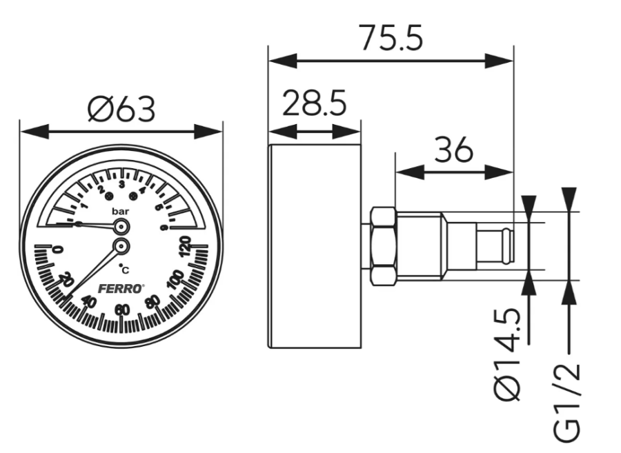 TERMOMANOMETR AKSJALNY 63 mm 1/2