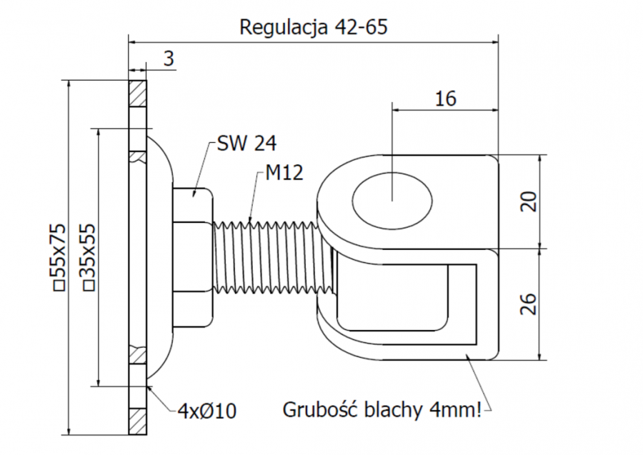 ZAWIAS REGULOWANY M12 DO PRZYKRĘCANIA