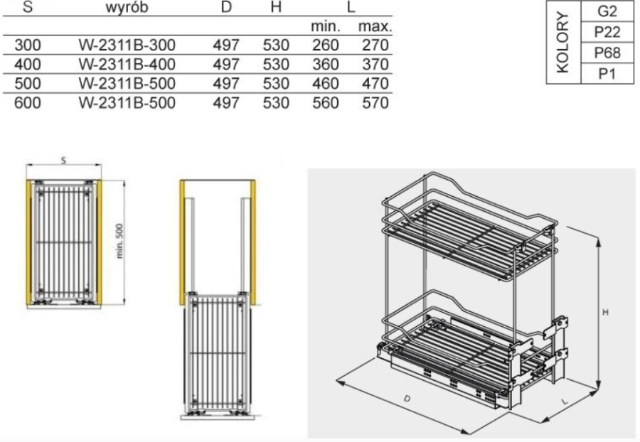 KOSZ CARGO W-2311B-300 P22 Z PROWADNICAMI BLUM