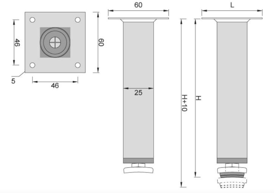 NÓŻKA MEBLOWA METALOWA DN-738 H-100 ALUMINIUM KWADRATOWA