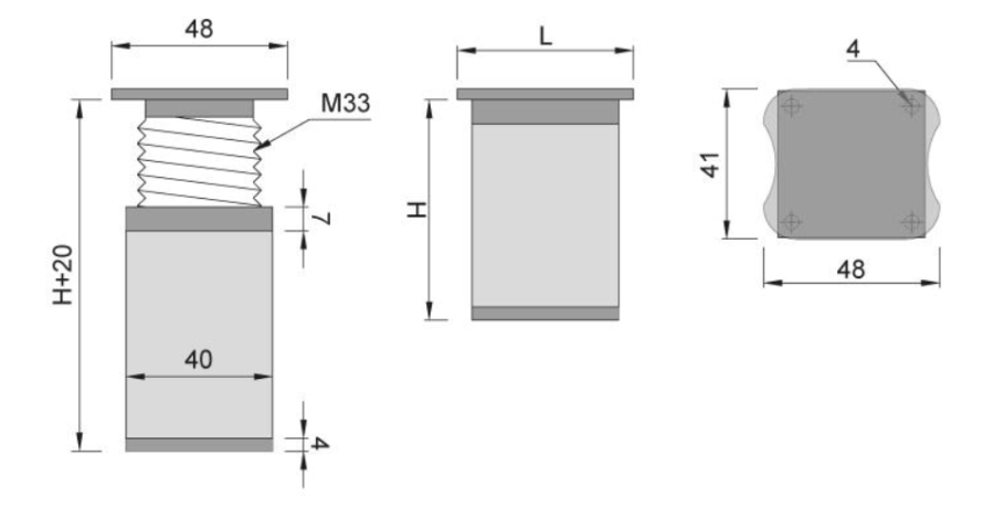 NÓŻKA MEBLOWA KWADRATOWA ALUMINIOWA H-200 CHROM/POPIEL