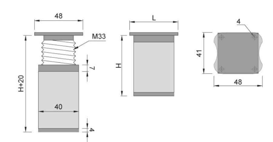 NÓŻKA MEBLOWA KWADRATOWA ALUMINIOWA H-60 CHROM/POPIEL