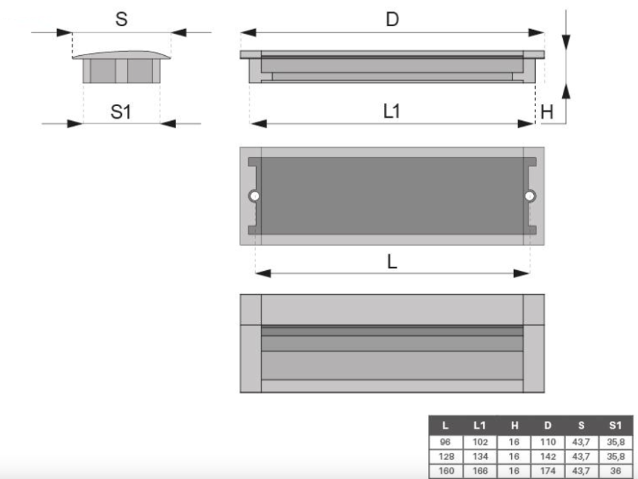 UCHWYT MEBLOWY WPUSZCZANY UM-010 L-160 A6/G2 ALUMINIUM/CHROM