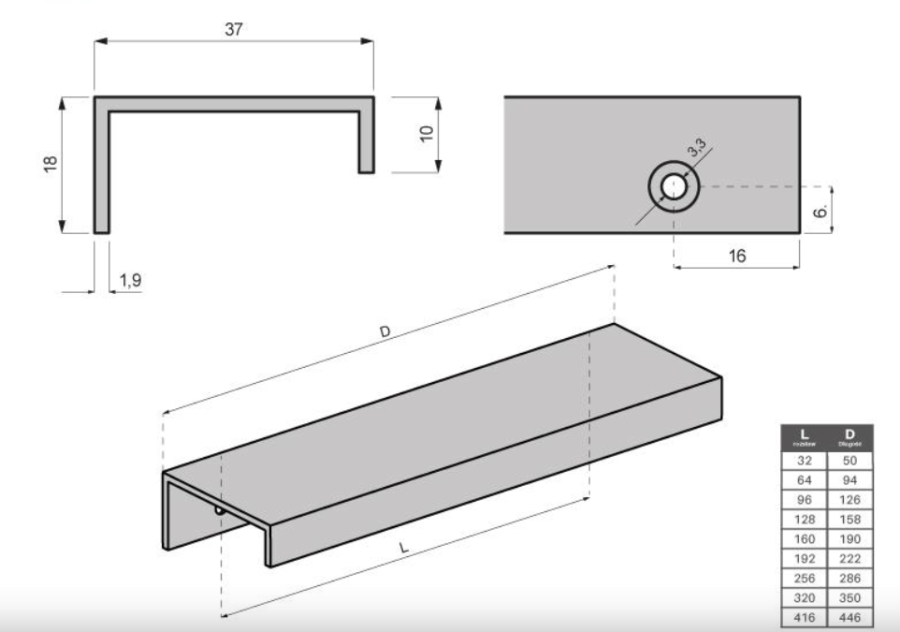 UCHWYT MEBLOWY NAKŁADANY KRAWĘDZIOWY UM-490 L-128 ALUMINIUM