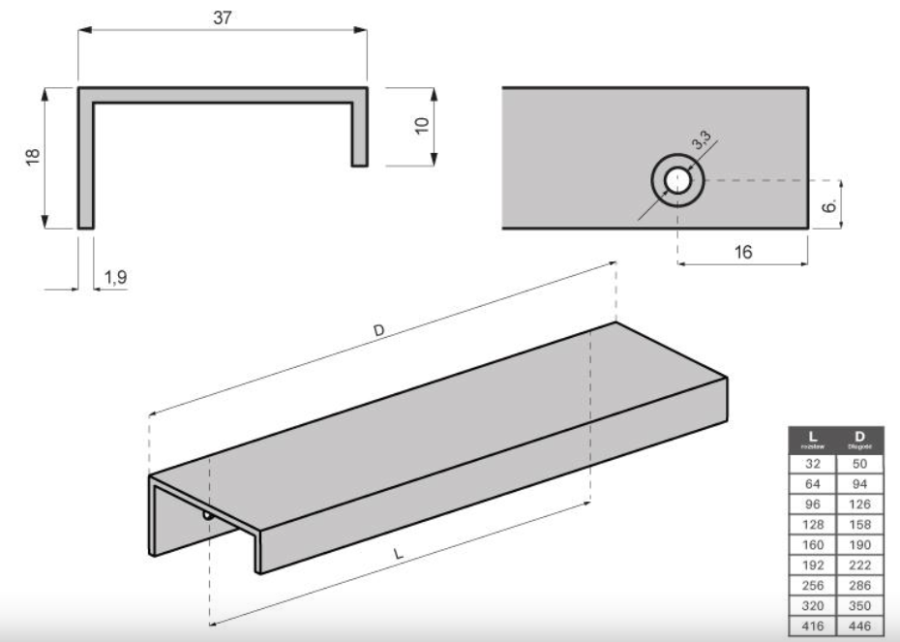 UCHWYT MEBLOWY NAKŁADANY KRAWĘDZIOWY UM-490 L-32 CZARNY MAT