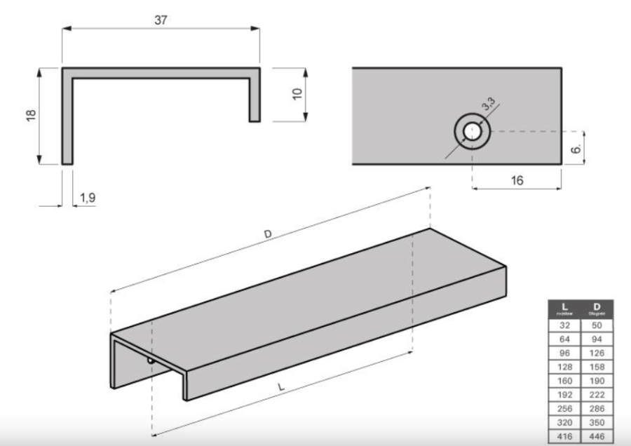 UCHWYT MEBLOWY NAKŁADANY KRAWĘDZIOWY UM-490 L-64 BIAŁY