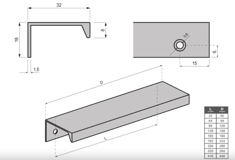 UCHWYT MEBLOWY KRAWĘDZIOWY NAKŁADANY UM-492 L-128 CHROM POŁYSK