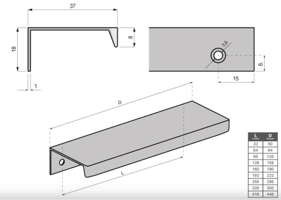 UCHWYT MEBLOWY KRAWĘDZIOWY NAKŁADANY UM-494 L-128 CZARNY MAT