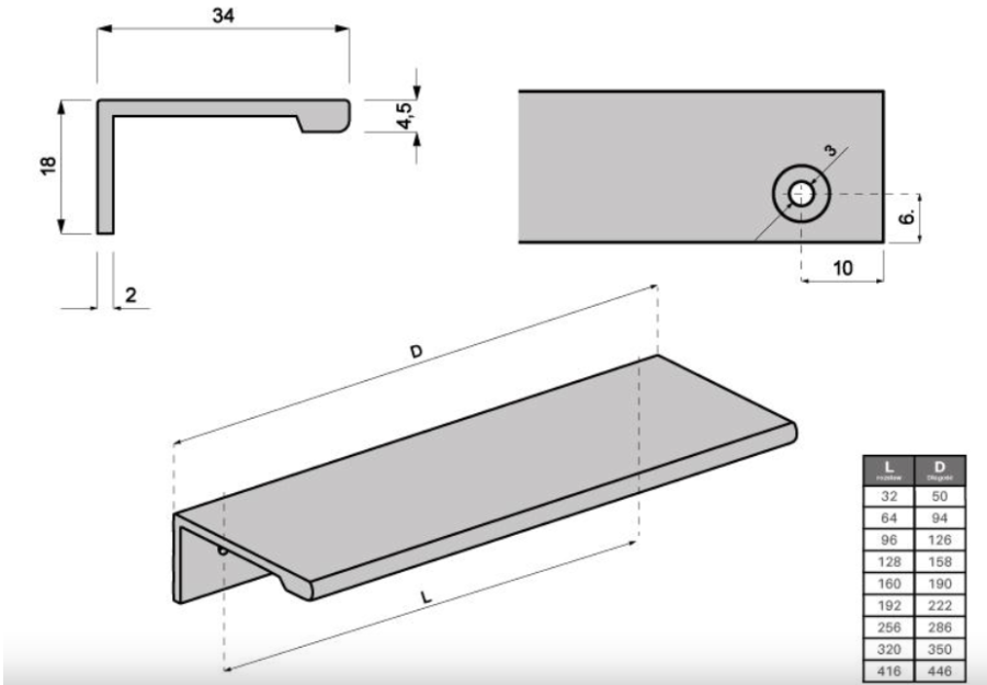 UCHWYT MEBLOWY KRAWĘDZIOWY NAKŁADANY PŁASKI UM-496 L-128 ANODA CHROM MAT