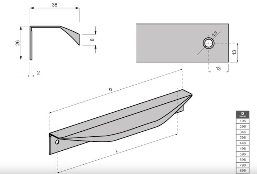 UCHWYT MEBLOWY KRAWĘDZIOWY UM-520 D-296 BIAŁY