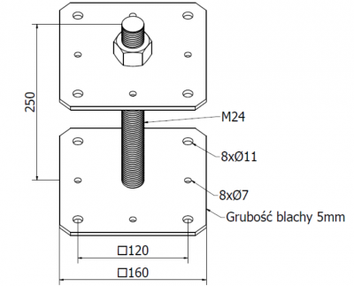 PODSTAWA SŁUPA PRZYKRĘCANA Z REGULOWANĄ WYSOKOŚCIĄ 160 x 160 x 250 mm