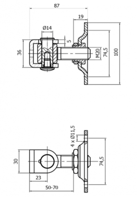 ZAWIAS REGULOWANY DO PRZYKRĘCANIA NIERDZEWNY M20 Z PŁYTKĄ 100 x 100 x 4 mm