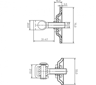 ZAWIAS REGULOWANY DO PRZYKRĘCANIA NIERDZEWNY M12 Z PŁYTKĄ 75 x 55 x 3 mm