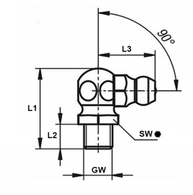 KALAMITKA STALOWA OCYNKOWANA KĄTOWA 90° M10 x 1 - 1 szt.