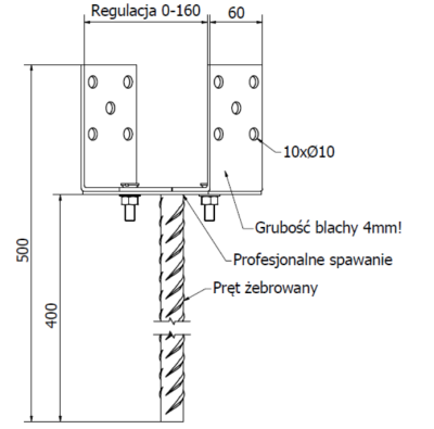 PODSTAWA SŁUPA Z PRĘTEM REGULOWANA 0-160 PRĘT 400