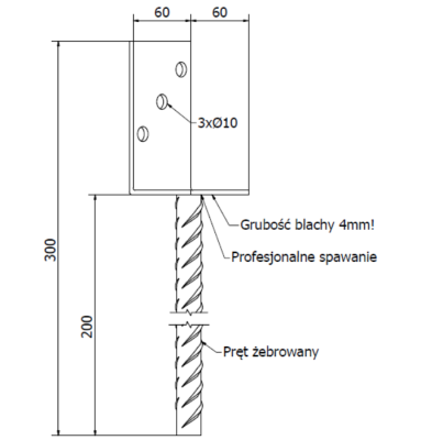 PODSTAWA SŁUPA Z PRĘTEM DO MURU TYP L