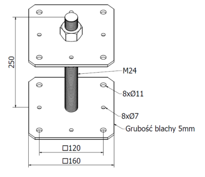 PODSTAWA SŁUPA Z REGULOWANA WYSOKOŚCIĄ 160 x 160 x 250 mm