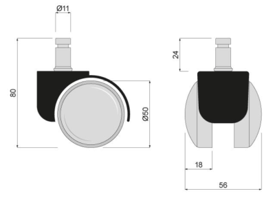 KÓŁKO OBROTOWE GUMOWANE 50 mm Z BOLCEM 11