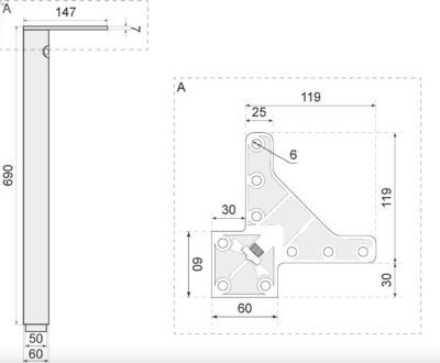 NOGA MEBLOWA ALUMINIUM H-690 60x60 KWADRATOWA REGULOWANA