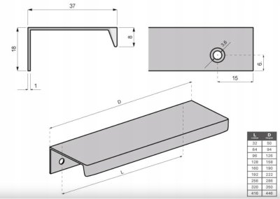 UCHWYT MEBLOWY KRAWĘDZIOWY NAKŁADANY UM-494 L-128 CHROM POŁYSK