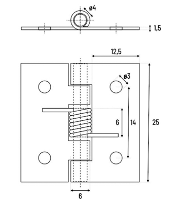 ZAWIAS SPLATANY NIERDZEWNY SAMOZAMYKAJĄCY ZE SPRĘŻYNĄ 25 x 30 x 1.5 mm