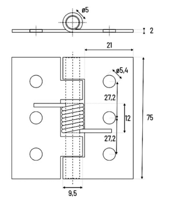 ZAWIAS SPLATANY NIERDZEWNY SAMOZAMYKAJĄCY ZE SPRĘŻYNĄ 75 x 52 x 2.0 mm